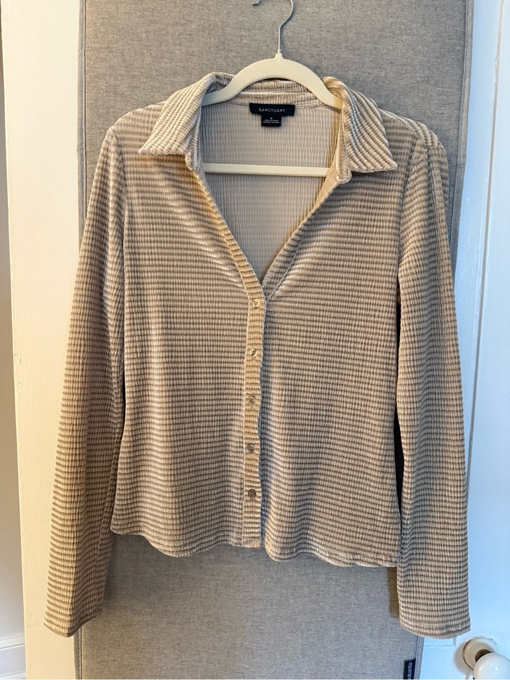 Sanctuary Cream Frosted Almond Textured Velvet Long-Sleeve Button-Front Shirt - Picture 2 of 9